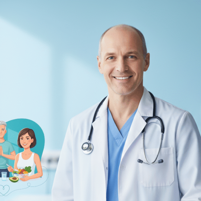 A Doctor standing in hospital wearing white coat.