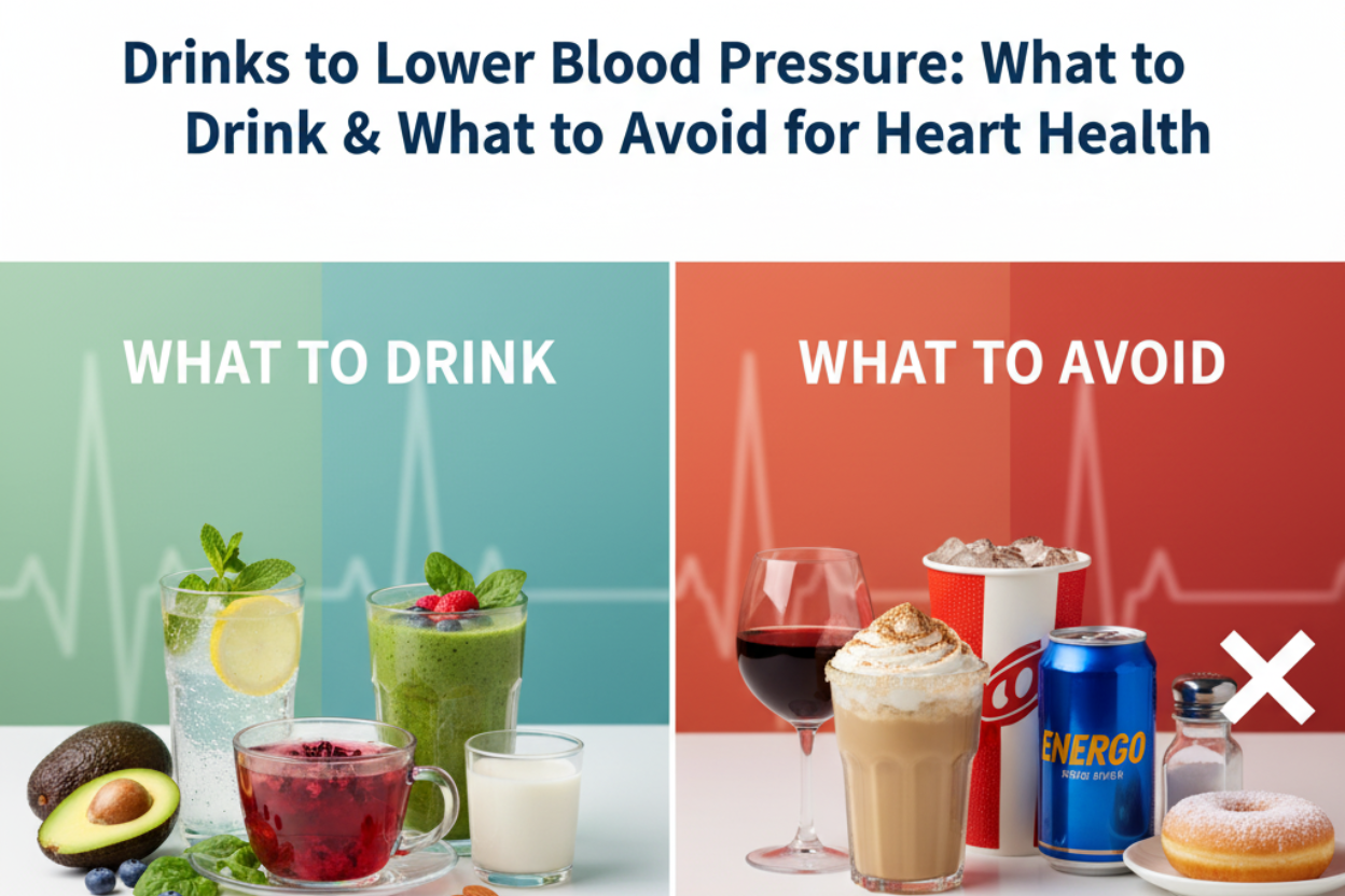 in this image healthy and non healthy drinks are shown for Drinks to Lower Blood Pressure: What to Drink & What to Avoid for Heart Health