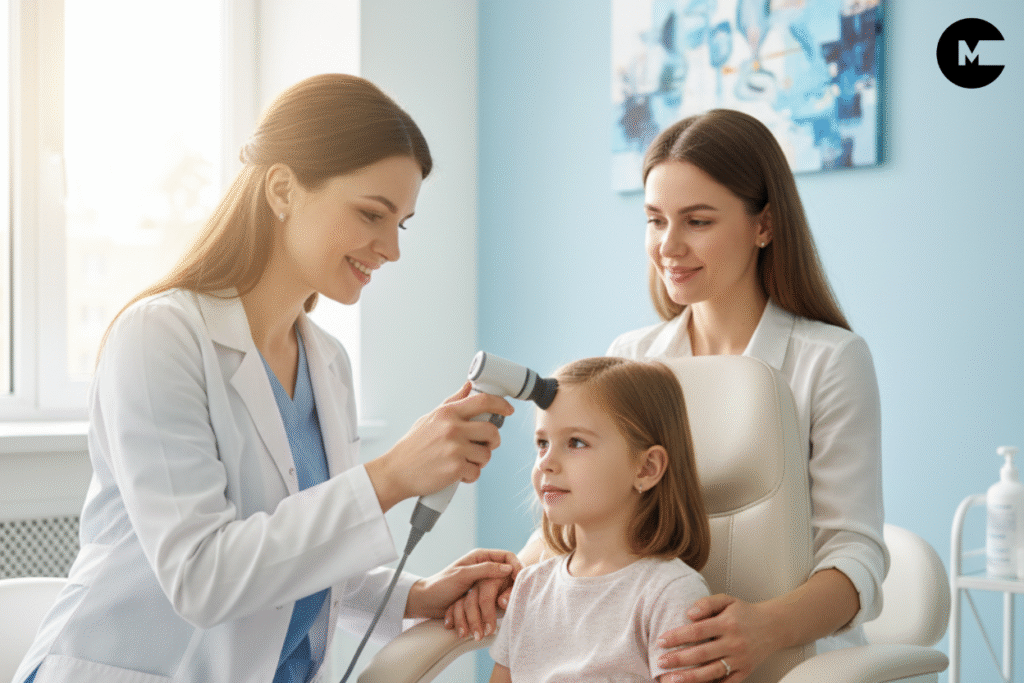 A warm, compassionate scene showing a gentle pediatric dermatologist examining a child's scalp with a dermatoscope in a bright, modern medical office. The child (age 7-10) sits comfortably while a caring parent holds their hand. Soft natural lighting through windows, calming blue and white color palette, professional yet reassuring atmosphere. The doctor wears a white coat and is smiling warmly. Focus on care and hope rather than distress. Medical equipment visible but not intimidating. Photorealistic style, high quality, professional medical photography aesthetic.