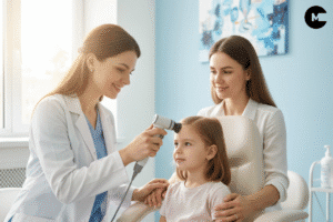 A warm, compassionate scene showing a gentle pediatric dermatologist examining a child's scalp with a dermatoscope in a bright, modern medical office. The child (age 7-10) sits comfortably while a caring parent holds their hand. Soft natural lighting through windows, calming blue and white color palette, professional yet reassuring atmosphere. The doctor wears a white coat and is smiling warmly. Focus on care and hope rather than distress. Medical equipment visible but not intimidating. Photorealistic style, high quality, professional medical photography aesthetic.