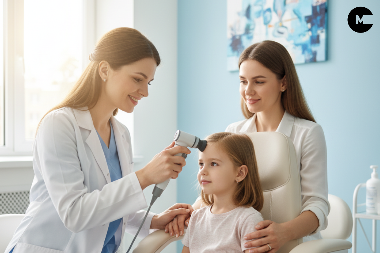 A warm, compassionate scene showing a gentle pediatric dermatologist examining a child's scalp with a dermatoscope in a bright, modern medical office. The child (age 7-10) sits comfortably while a caring parent holds their hand. Soft natural lighting through windows, calming blue and white color palette, professional yet reassuring atmosphere. The doctor wears a white coat and is smiling warmly. Focus on care and hope rather than distress. Medical equipment visible but not intimidating. Photorealistic style, high quality, professional medical photography aesthetic.