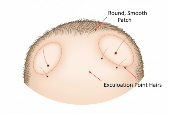 A medical illustration or photograph showing characteristic round, smooth patches of alopecia areata on a child's scalp. Clean, clinical presentation with "exclamation point hairs" highlighted. Educational diagram style with annotations. Professional medical reference quality. Neutral, non-distressing presentation focusing on diagnostic features.