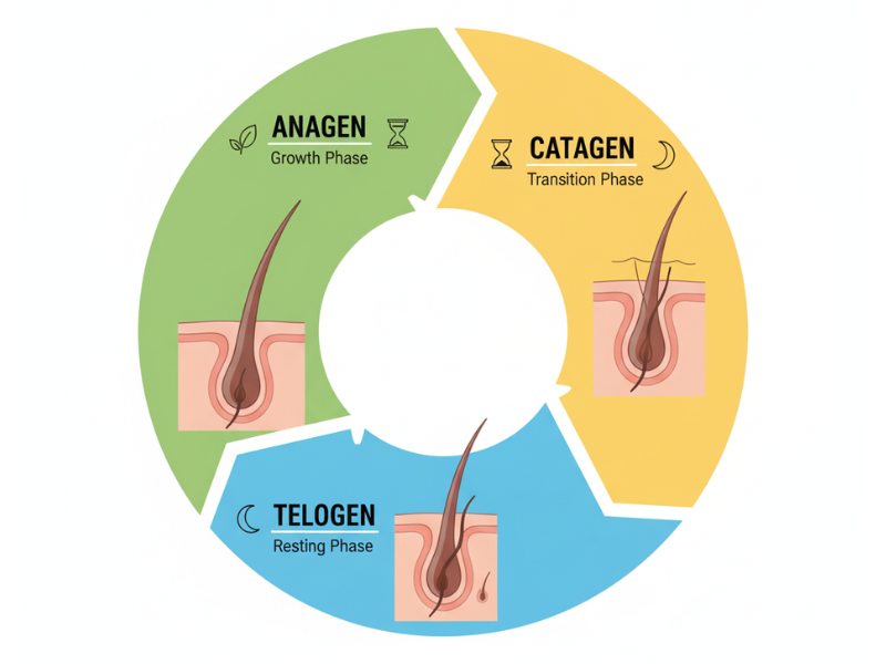 An educational infographic showing the three stages of hair growth: Anagen (growth phase), Catagen (transition phase), and Telogen (resting phase). Circular diagram with arrows showing the cycle. Each phase illustrated with a hair follicle at different stages. Color-coded: green for anagen, yellow for catagen, blue for telogen. Clean, modern design with simple icons. Medical illustration style, suitable for educational content. White or light gray background.