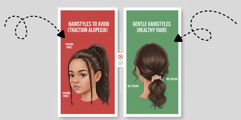 A split-screen image showing: LEFT side - tight braids/ponytails causing tension on hair (illustration or photo), RIGHT side - gentle, loose hairstyles that prevent traction. Educational comparison format. Include arrows and annotations pointing to tension points. Clean, modern design. Professional medical education style. Colors: use red for "avoid" side, green for "recommended" side.