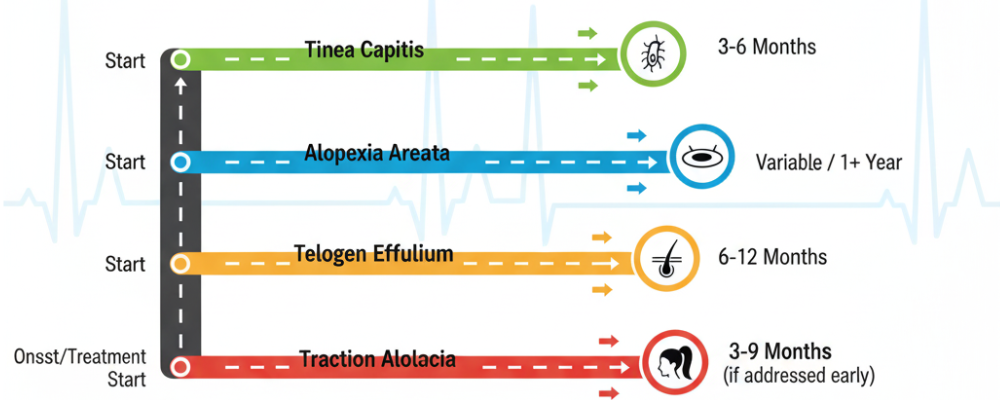 A horizontal timeline graphic showing typical recovery timelines for different conditions. Use a road/journey metaphor with milestones. Each condition has a different colored path: Tinea Capitis (3-6 months), Alopecia Areata (variable/1 year), Telogen Effluvium (6-12 months), etc. Clean, modern design with icons representing each condition. Professional medical infographic style. Easy to understand, visually appealing.
