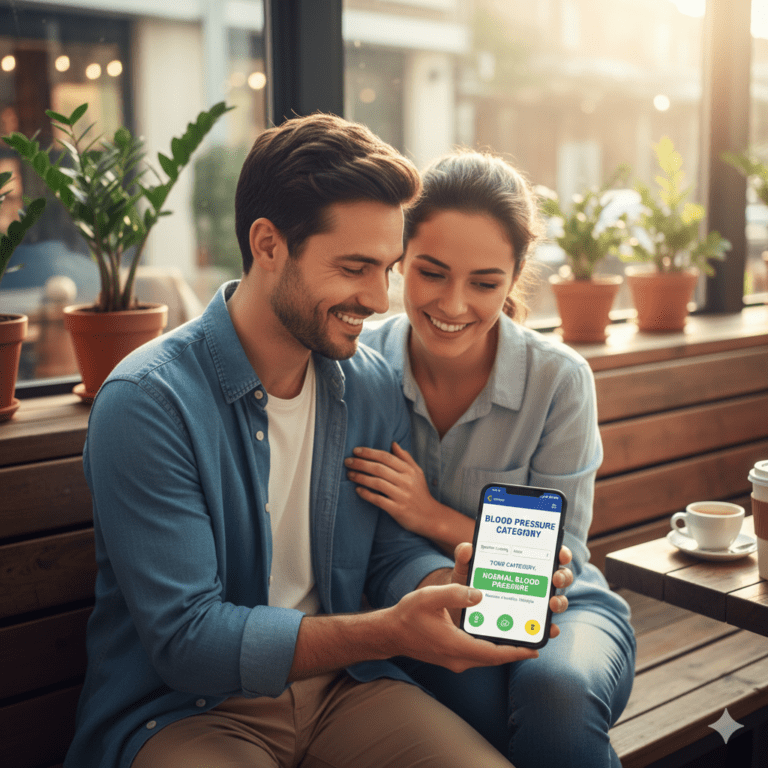 A young couple siting outside their home in lawn and checking about blood pressure category on their mobile