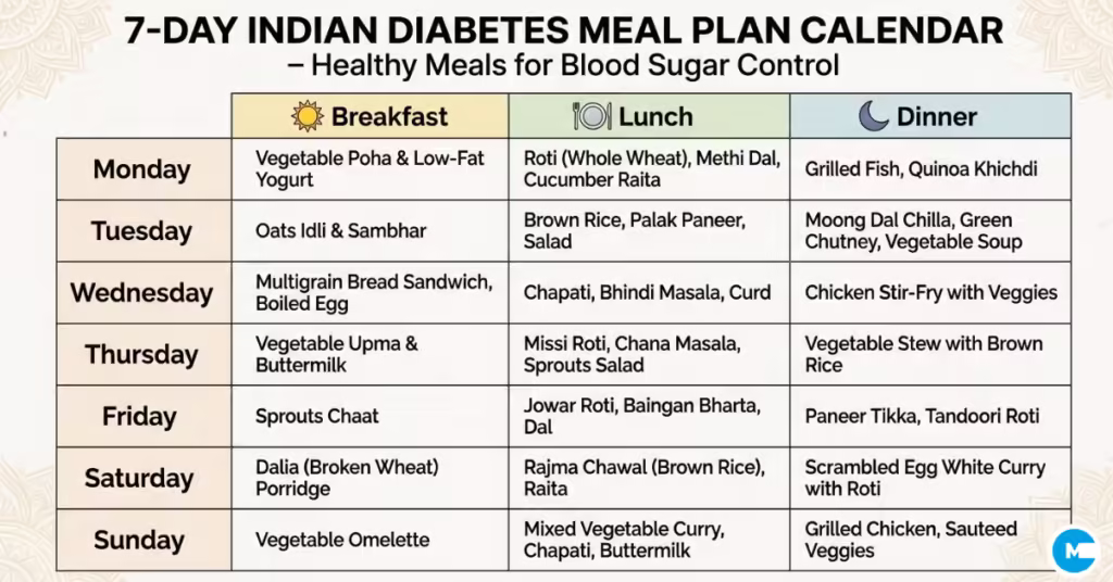 Weekly Indian diabetes diet chart - 7 days meal plan for blood sugar control