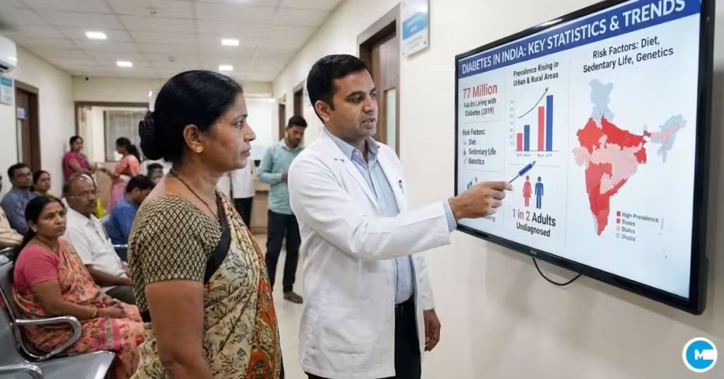 Diabetes management in India - doctor consulting Indian patient about blood sugar control