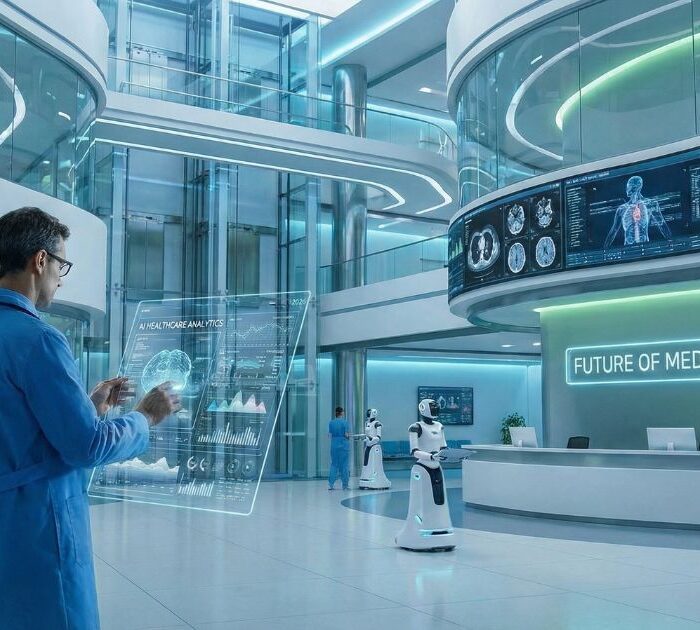 Modern hospital setting with doctor using tablet displaying AI interface and data analytics, medical imaging scans on digital screens, futuristic healthcare technology, clean professional medical environment