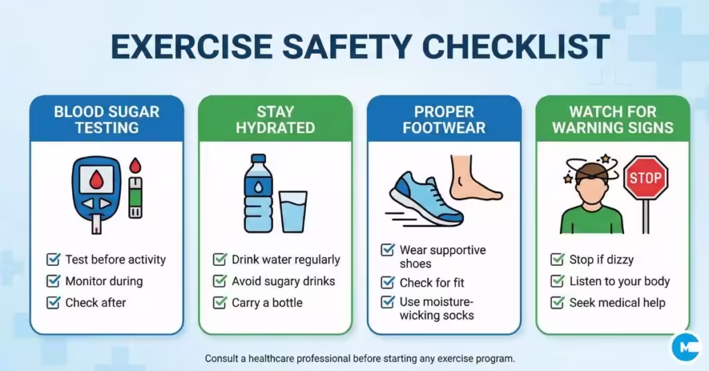 Diabetes exercise safety tips - when to test blood sugar, warning signs to stop