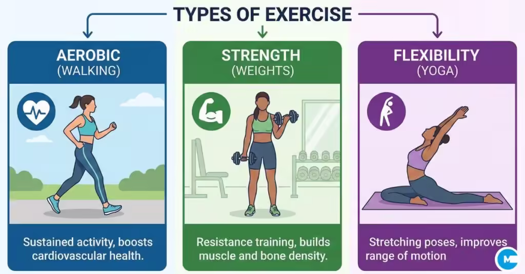 Three types of exercises for diabetes - aerobic, strength training, flexibility