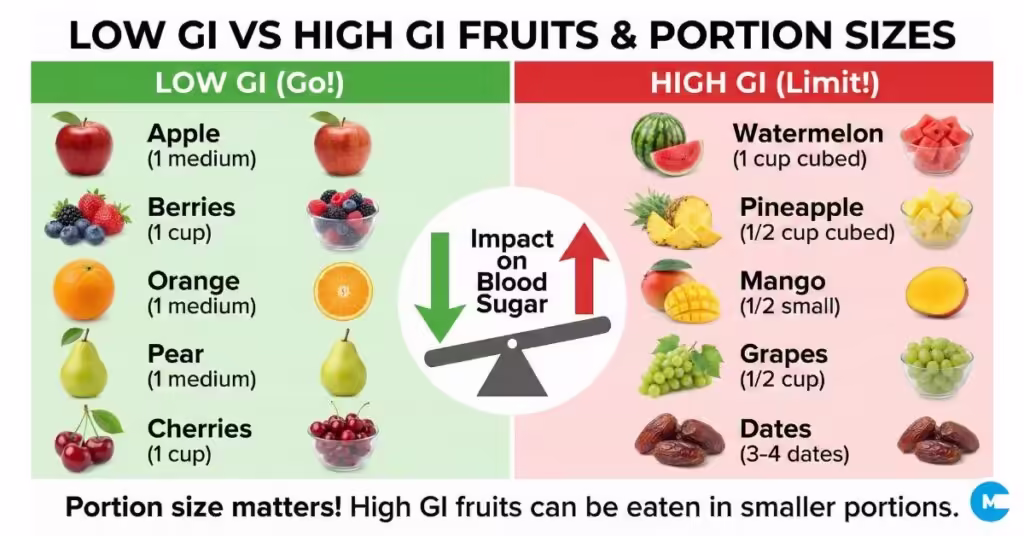 Low GI vs high GI Indian fruits chart with recommended portions for diabetics