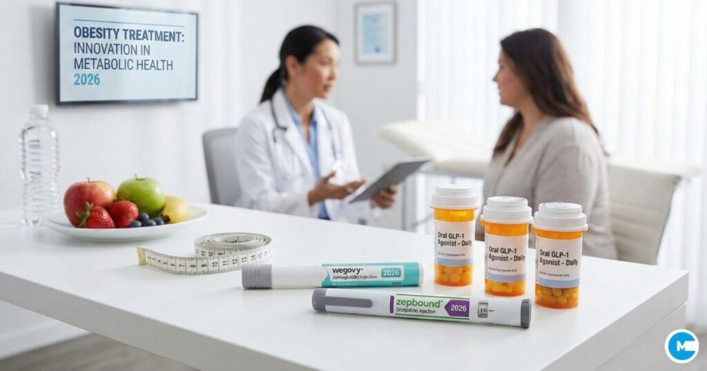 GLP-1 weight loss medication injection pen and pill bottles for obesity treatment 2026