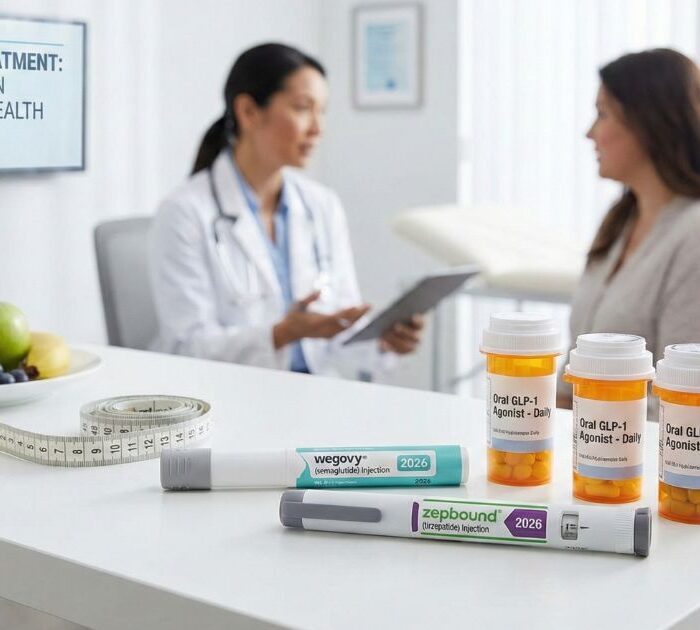 GLP-1 weight loss medication injection pen and pill bottles for obesity treatment 2026