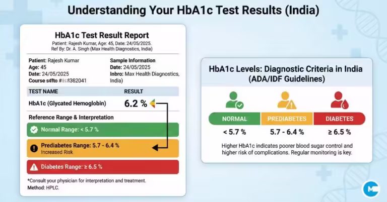 HbA1c test results chart showing normal range, prediabetes and diabetes levels in India