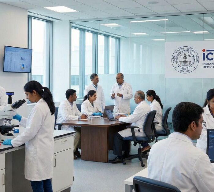 Indian medical researchers in modern laboratory setting, ICMR logo prominently displayed, scientists working with medical equipment and data analysis, collaborative research environment, Indian healthcare innovation scene