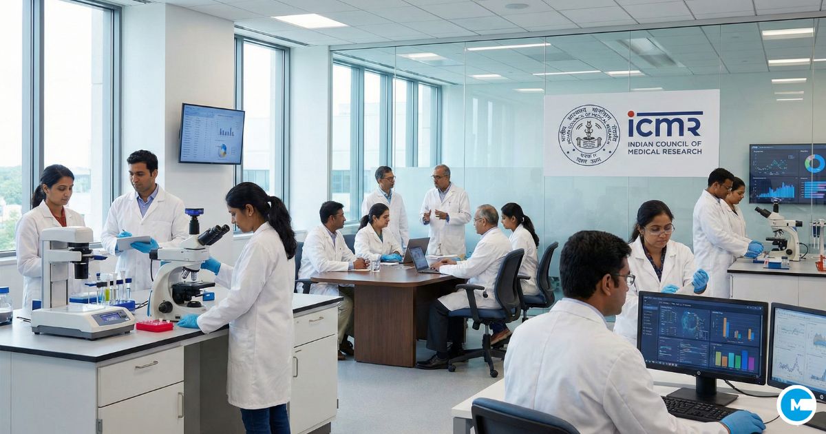 Indian medical researchers in modern laboratory setting, ICMR logo prominently displayed, scientists working with medical equipment and data analysis, collaborative research environment, Indian healthcare innovation scene