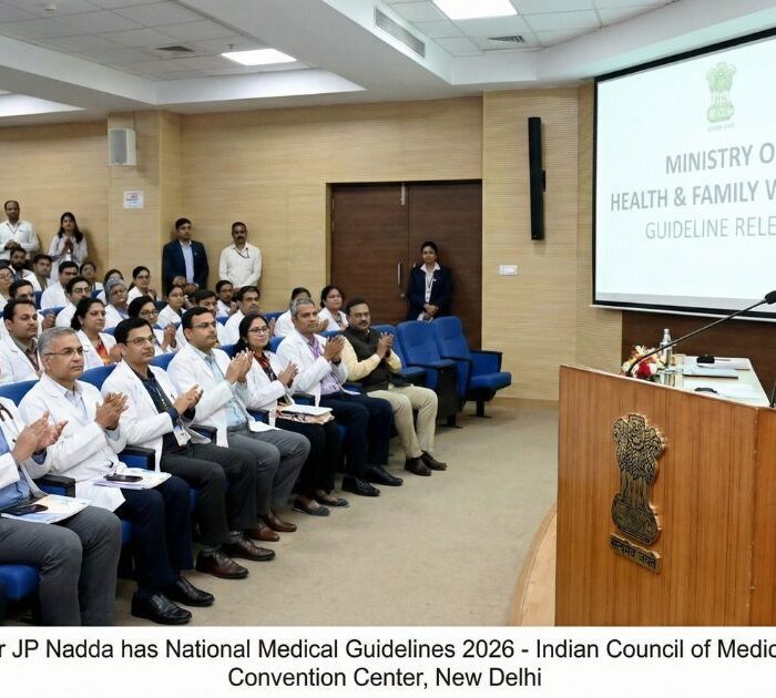 Indian Health Minister JP Nadda at podium releasing official medical guidelines document, ICMR logo visible, medical professionals and researchers in attendance, formal government healthcare announcement setting