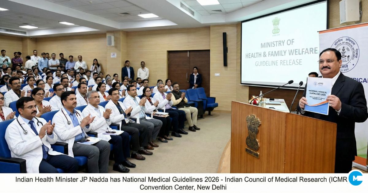 Indian Health Minister JP Nadda at podium releasing official medical guidelines document, ICMR logo visible, medical professionals and researchers in attendance, formal government healthcare announcement setting