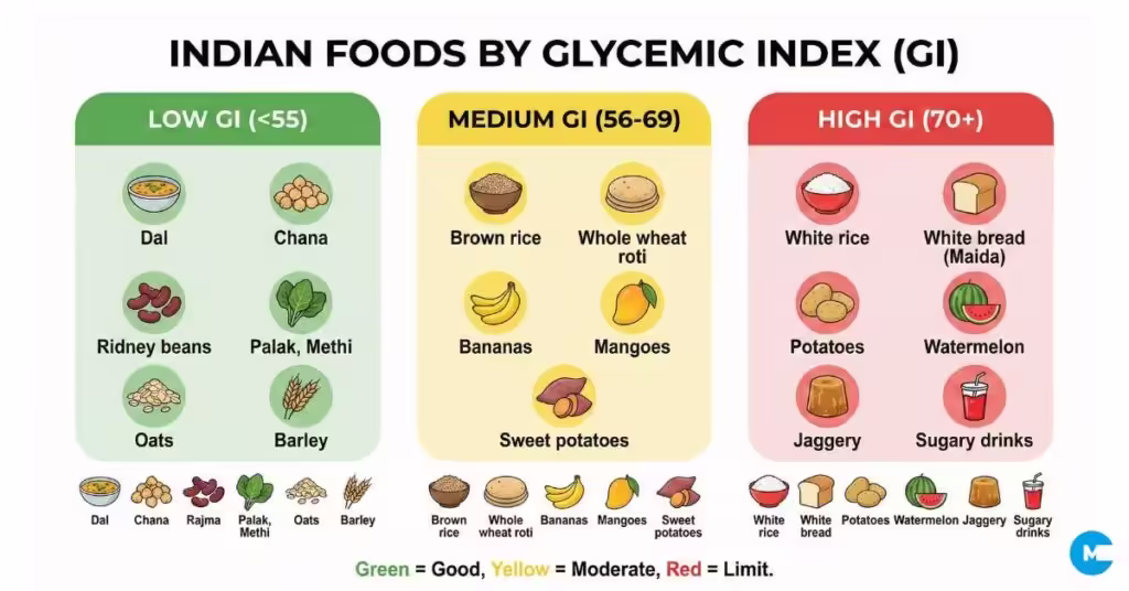 Complete glycemic index chart of Indian foods - low, medium, high GI categories