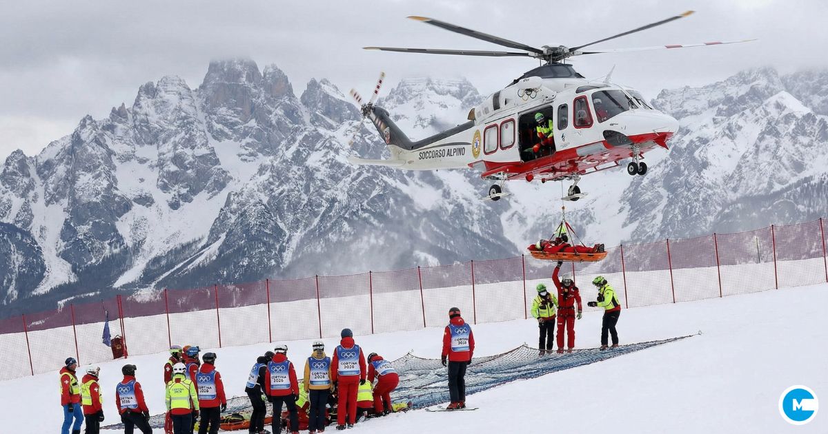 Olympic skier Lindsey Vonn being airlifted via helicopter from Cortina d'Ampezzo ski slope after crash, medical team attending, dramatic mountain backdrop, Winter Olympics 2026 medical emergency scene