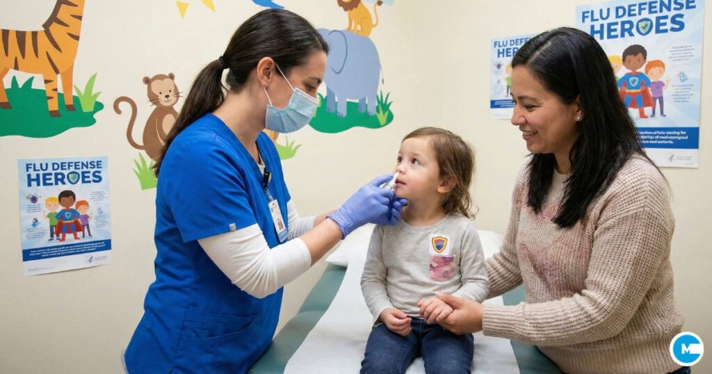 Child receiving flu vaccine from healthcare provider pediatric immunization protection