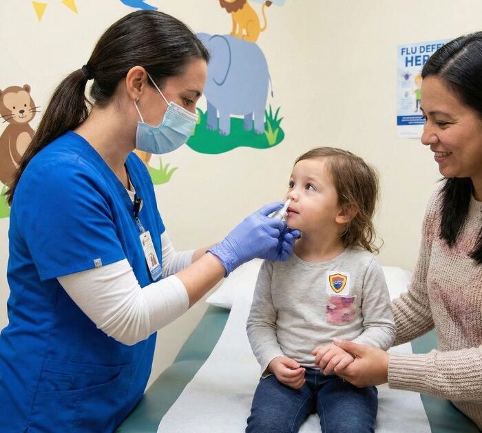 Child receiving flu vaccine from healthcare provider pediatric immunization protection