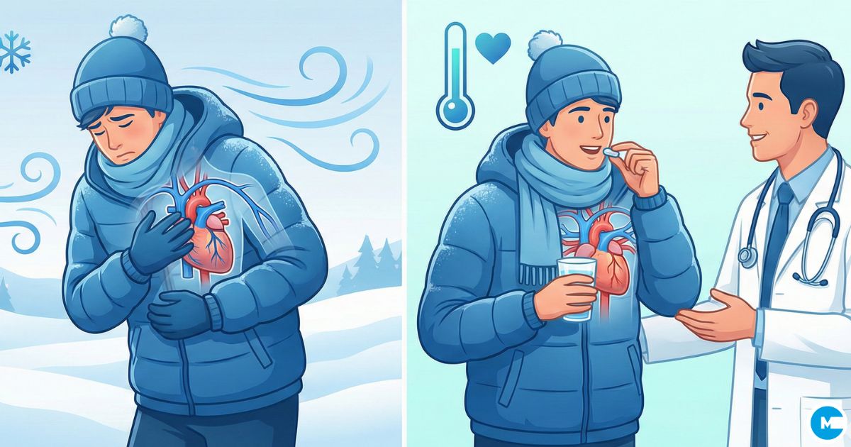 Winter heart attack risk illustration showing cold weather effects on cardiovascular health and preventive measures