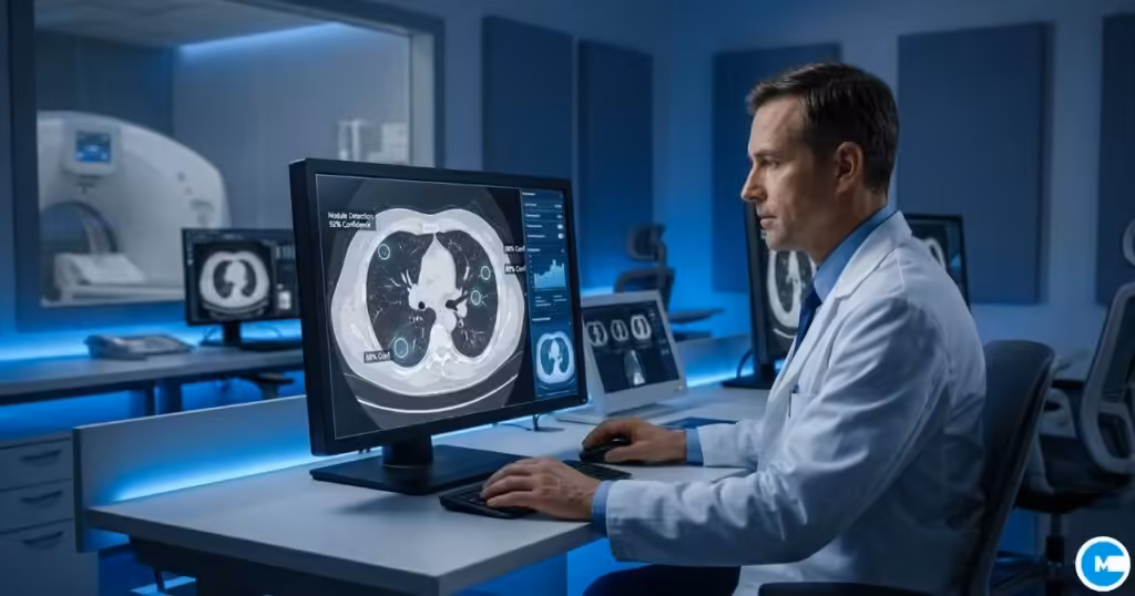 AI medical diagnosis accuracy statistics 2026 — doctor reviewing AI-assisted diagnostic scan
