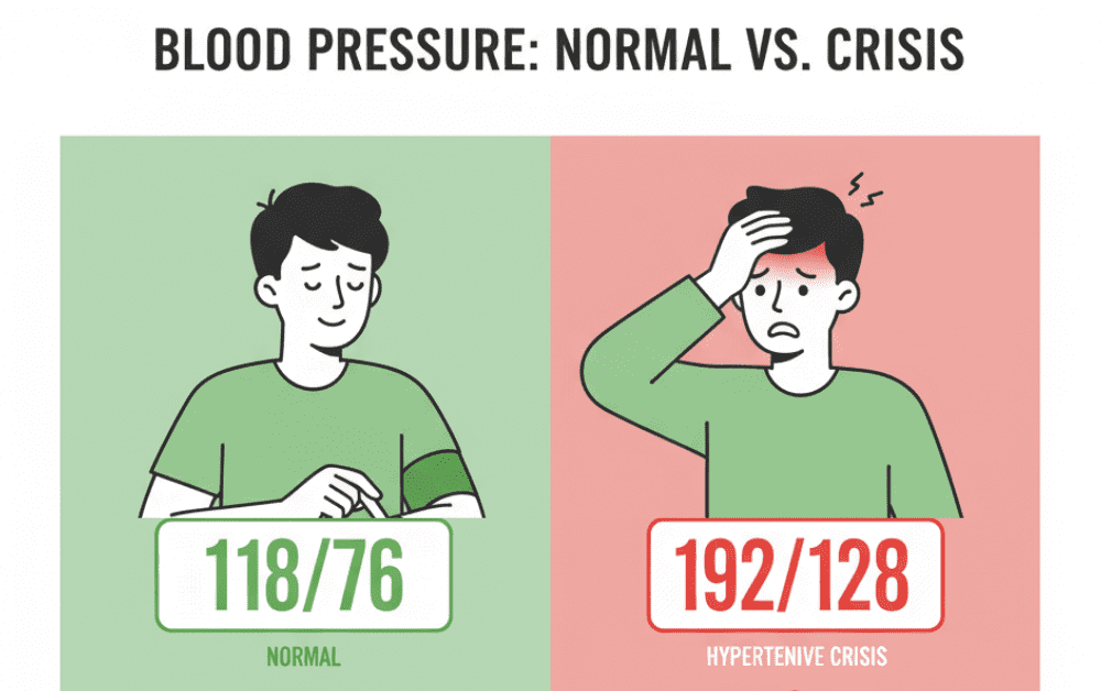 A modern medical infographic split-screen design. LEFT SIDE: Person feeling their pulse on their wrist with a peaceful expression, blood pressure reading showing 118/76 in green (normal). RIGHT SIDE: Same person with hand on forehead appearing distressed, blood pressure monitor showing 192/128 in red (crisis). Clean, professional medical illustration style with icons and visual clarity. Color-coded green for normal, red for emergency. White background, minimalist design, educational healthcare graphic. Suitable for article header that demonstrates the contrast between normal and crisis states.